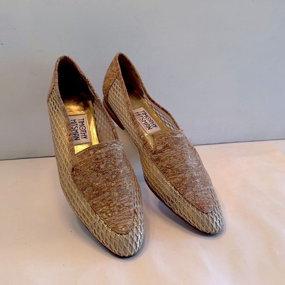 Timothy Hitsman Vintage gold tone woven mesh flats made in Spain leather sole